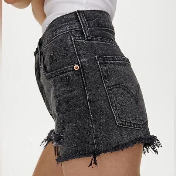 Levis 501 Big E High Rise Cut Off Shorts Washed Trashed Black Sz 26 - Picture 3 of 16